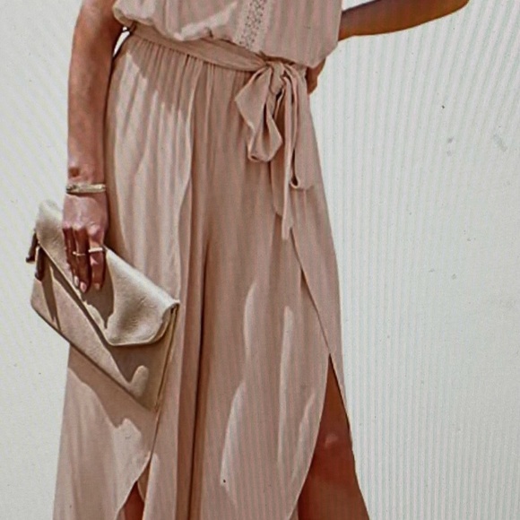 Women's Removable Strap Flowy Jumpsuit Tube Top Wide Leg Pants Romper with Belt - Picture 6 of 9